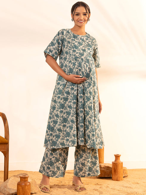 Beige Cotton Floral Printed Kurta with Palazzo